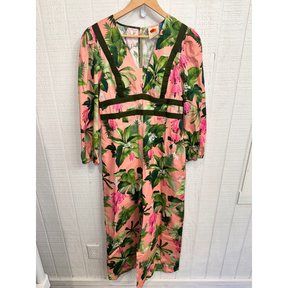 Farm Rio Jumpsuit Women Pink Tropical Banana Leaf Velvet Trim M